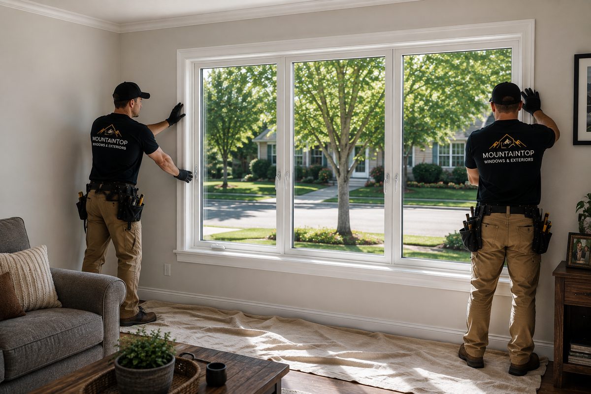 Two Mountaintop Windows & Exteriors installers fitting a new three-panel window in a living room, with the floor protected by drop cloths.