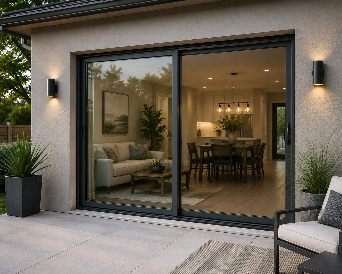 Modern black-framed sliding glass door