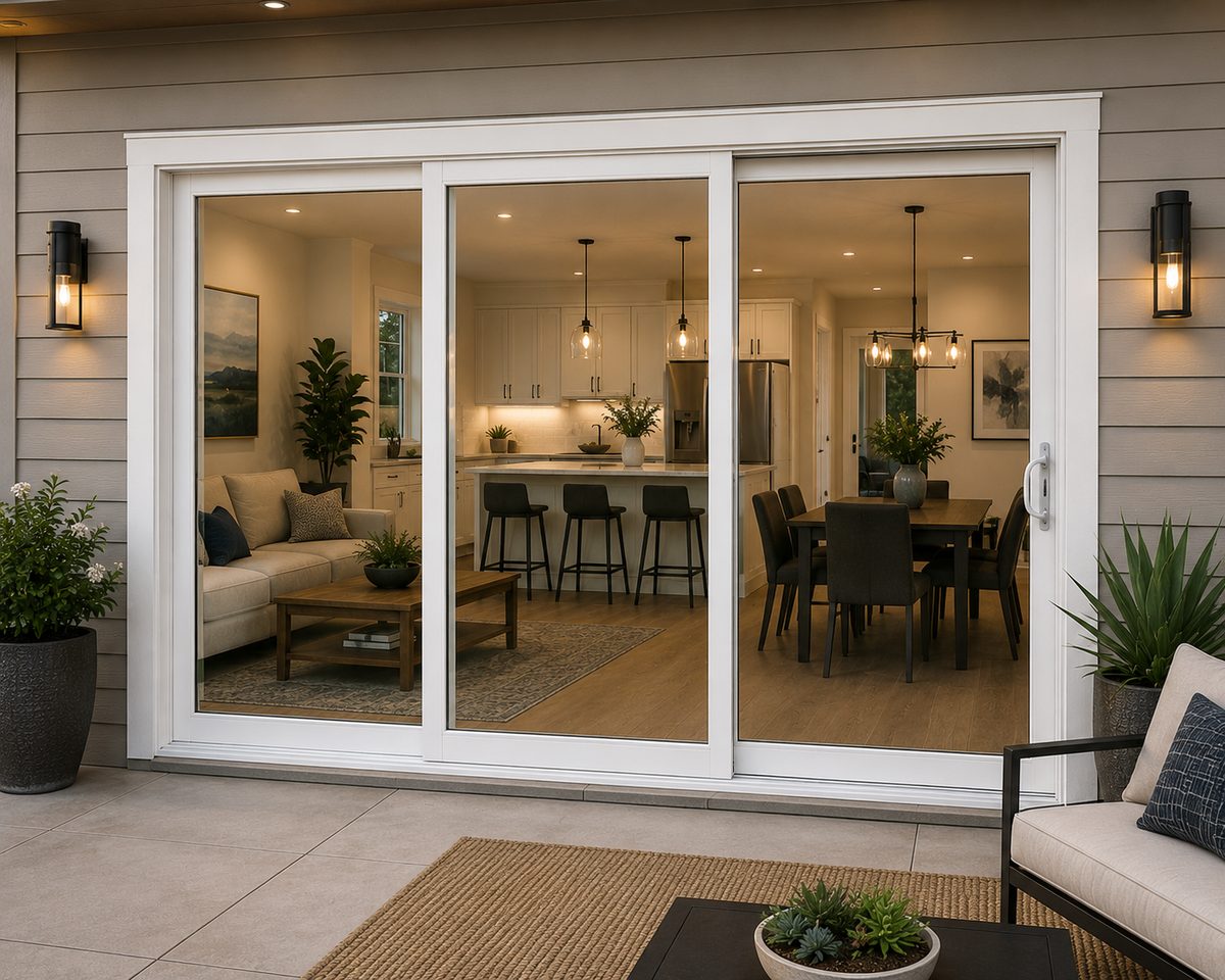 White-framed multi-panel sliding glass door open to a bright living space