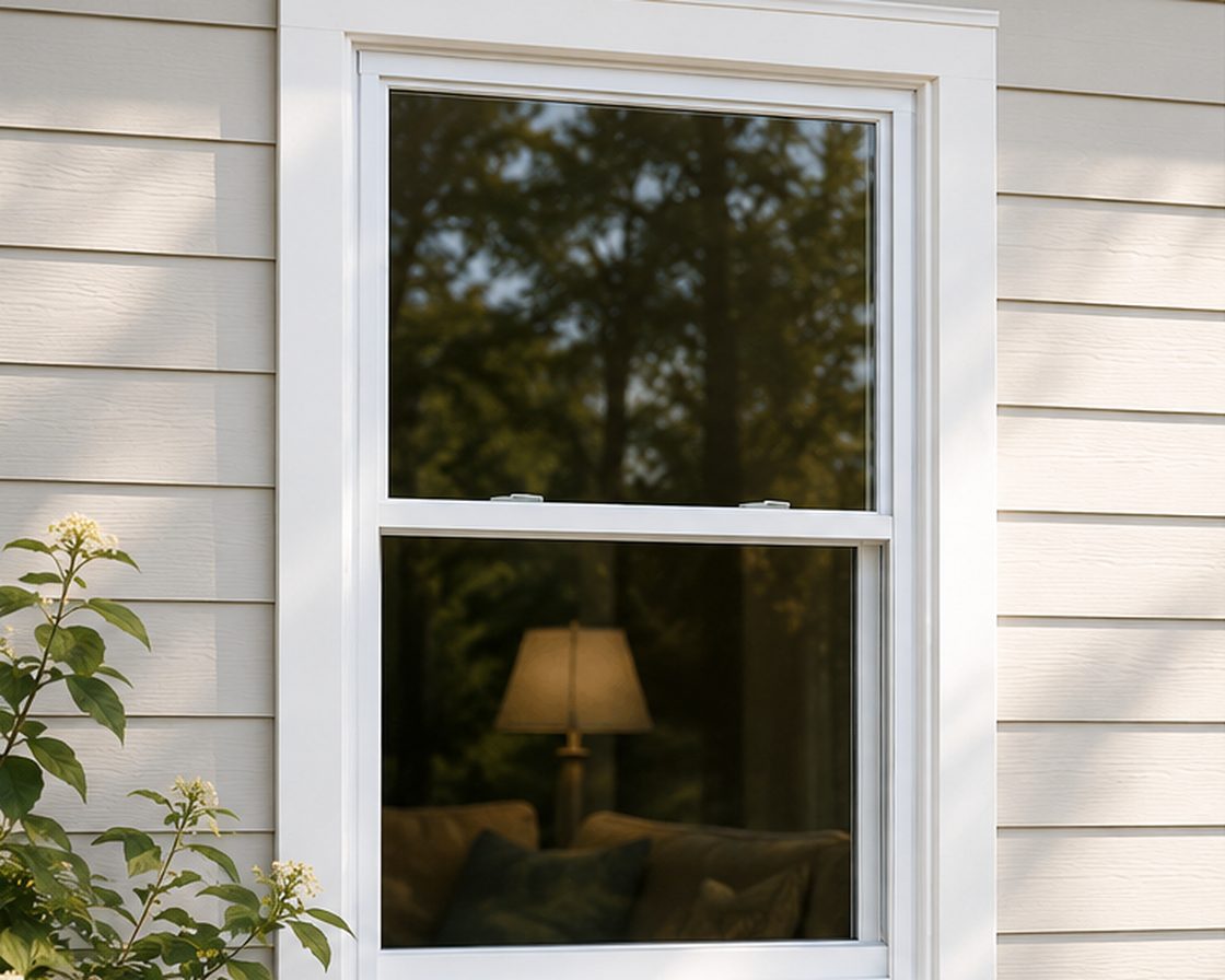 White double-hung replacement window installed on a home